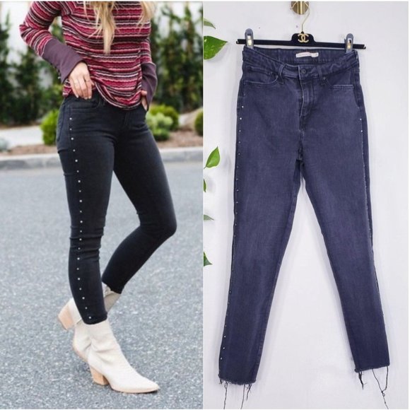 LEVIS 721 Black Skinny Studded Jeans 28 High Rise Ankle Crop Rhinestone‎ - Picture 1 of 14
